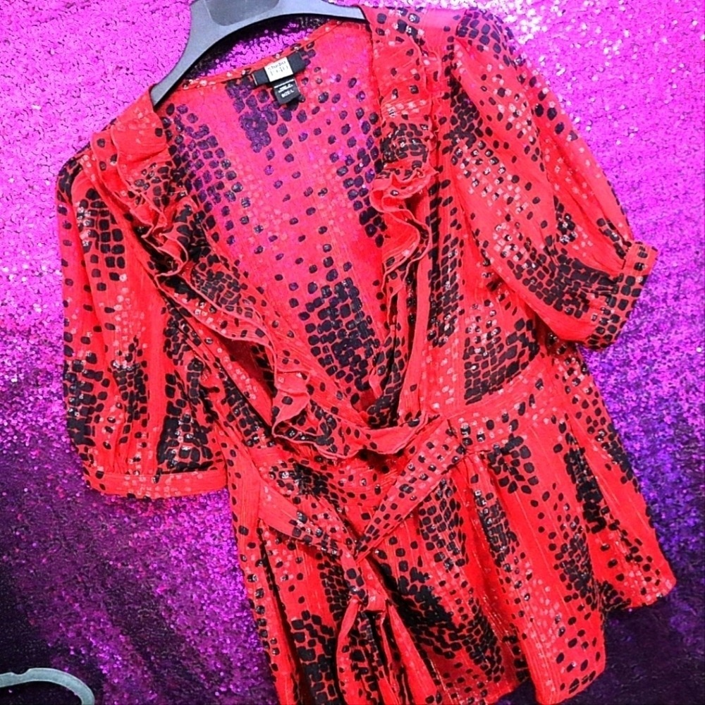 Red Metallic Blouse M Studio 1940 Women Sheer Abstract Ruffle Belted V-Neck